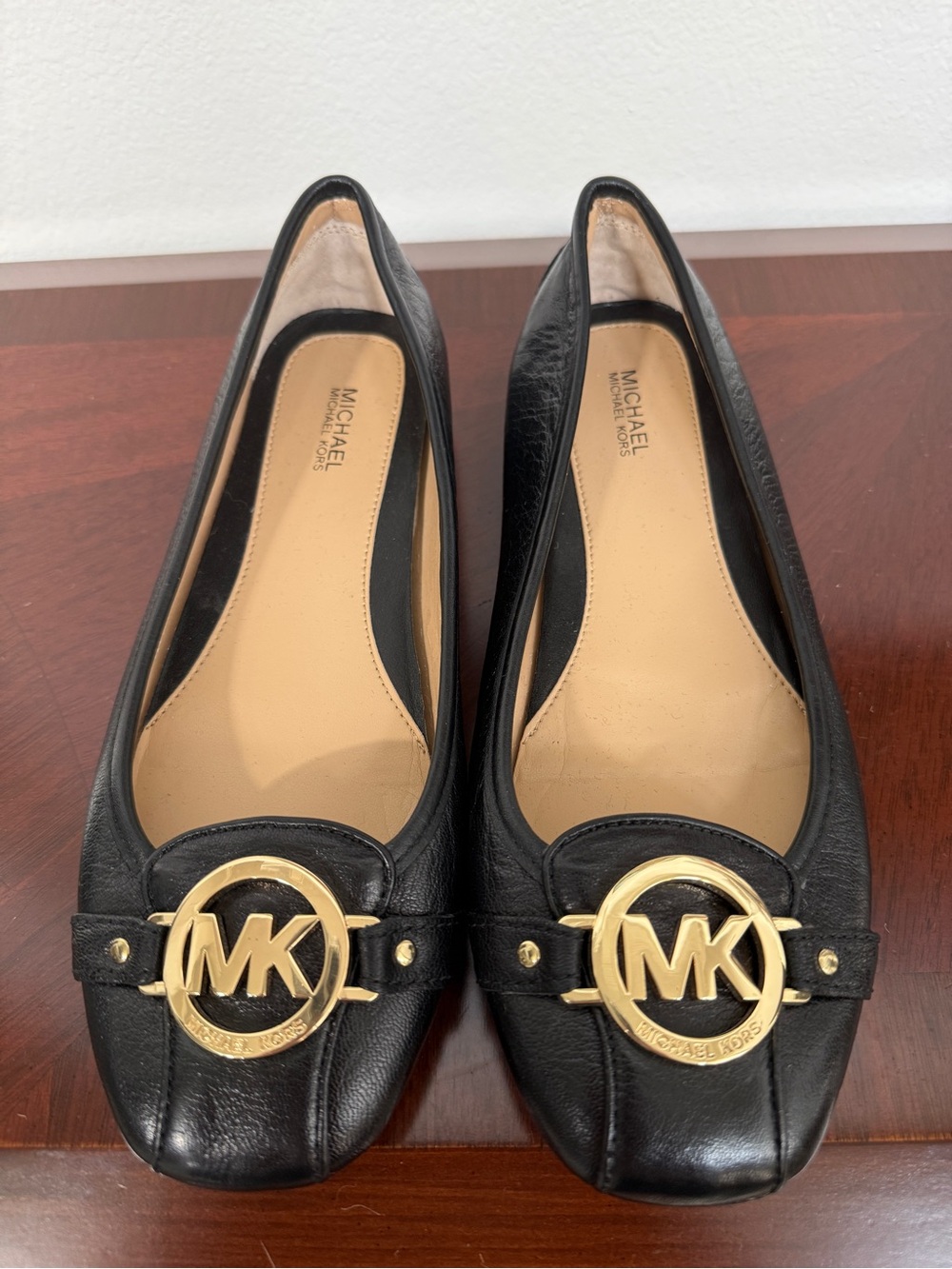 MICHAEL Michael Kors Black Leather MK Logo Flats with Gold Emblem